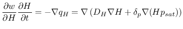 $\displaystyle \frac{\partial w}{\partial H} \frac{\partial H}{\partial t} = -\nabla q_H = \nabla \left( D_H \nabla H + \delta_p \nabla (H p_{sat}) \right )$