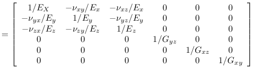 $\displaystyle =\left[\begin{array}{cccccc}
1/E_X & -\nu_{xy}/E_x& -\nu_{xz}/E_x...
...0 & 0 & 0 & 0 & 1/G_{xz} & 0\\
0 & 0 & 0 & 0 & 0 & 1/G_{xy}
\end{array}\right]$