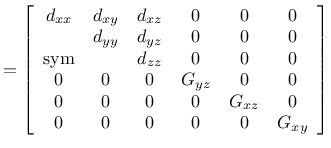 $\displaystyle =\left[\begin{array}{cccccc}
d_{xx} & d_{xy} & d_{xz} & 0 & 0 & 0...
...\\
0 & 0 & 0 & 0 & G_{xz} & 0\\
0 & 0 & 0 & 0 & 0 & G_{xy}
\end{array}\right]$